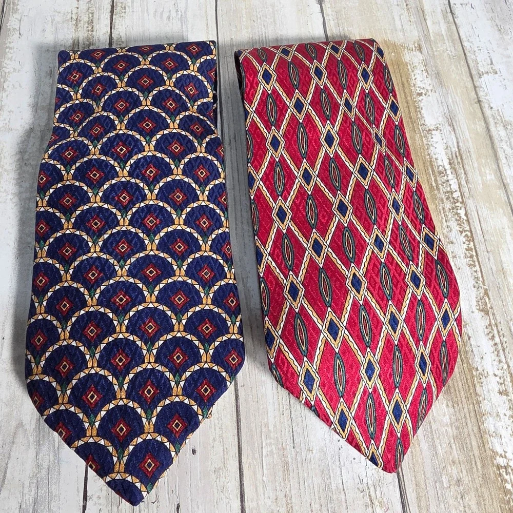Liberty of London Mens Silk Necktie Set Red Diamond Navy Medallion Geometric 2pk